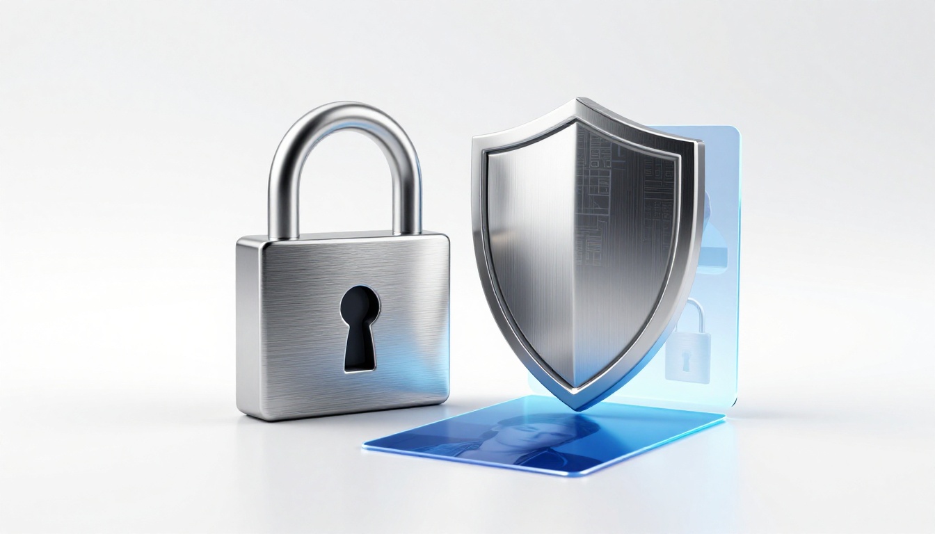 Privacy lock and shield concept with AI image thumbnails in soft studio ambient light