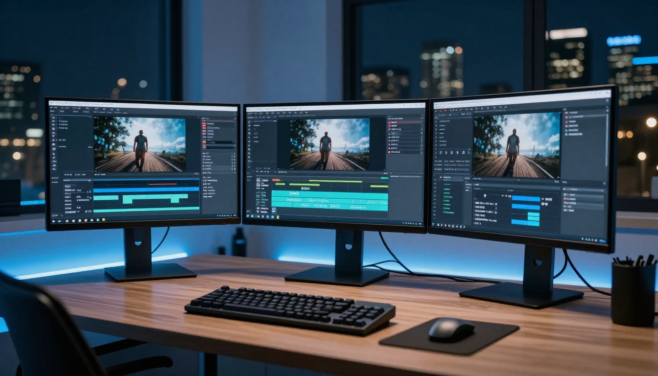 High-end creative workstation with triple monitors showing AI video generation software