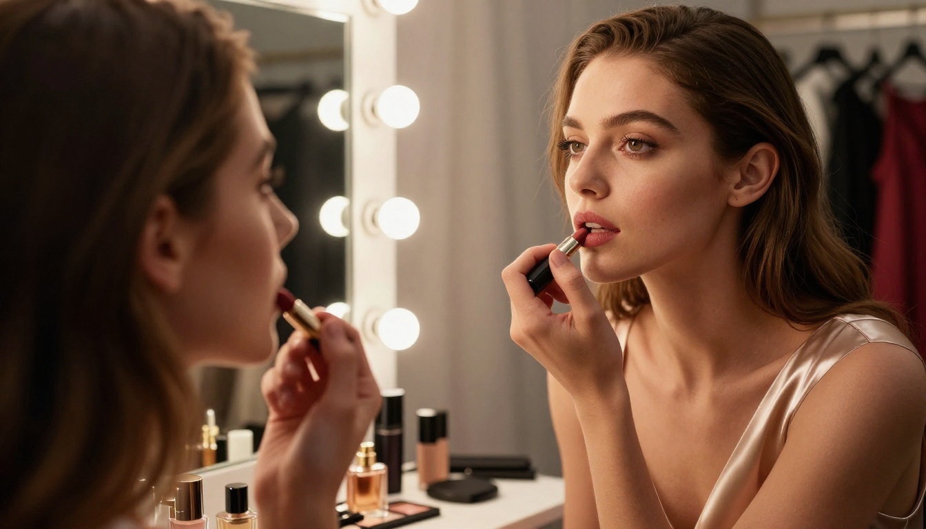 Woman in champagne satin slip dress at vanity mirror backstage