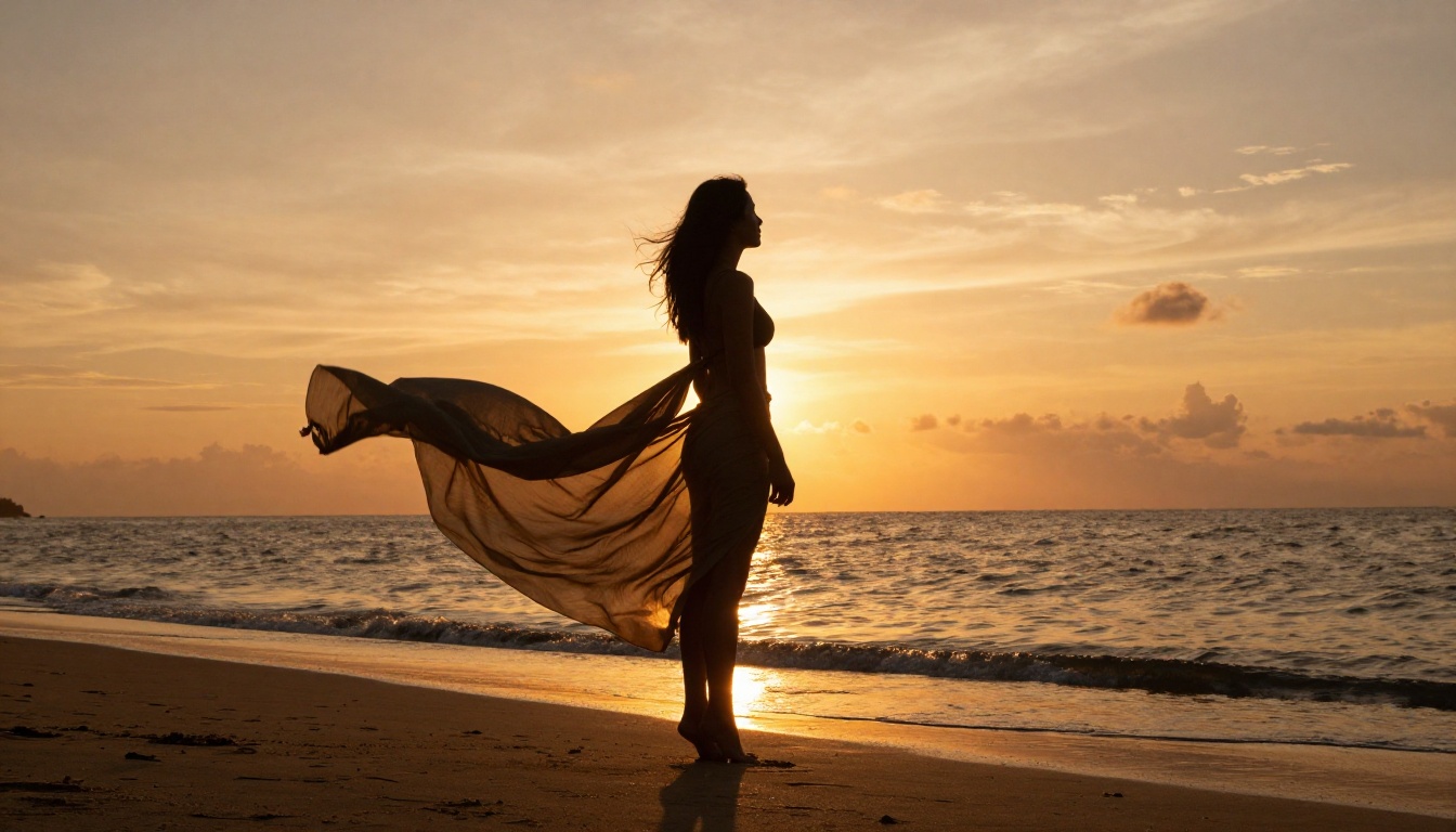 Woman silhouette on tropical beach at golden sunset