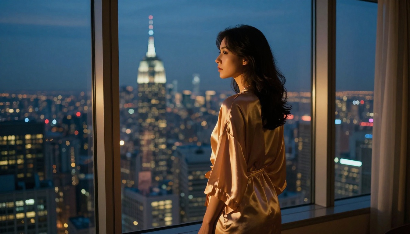 Woman in silk robe looking at city skyline at dusk