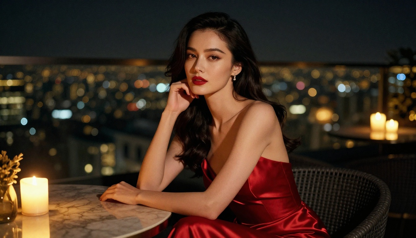 Glamorous woman in red satin gown at luxury rooftop terrace at night