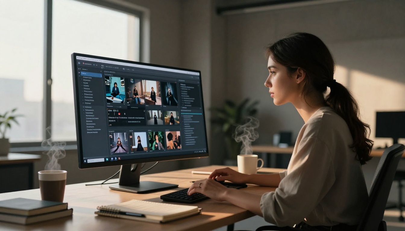 AI workspace showing image generation interface on ultrawide monitor