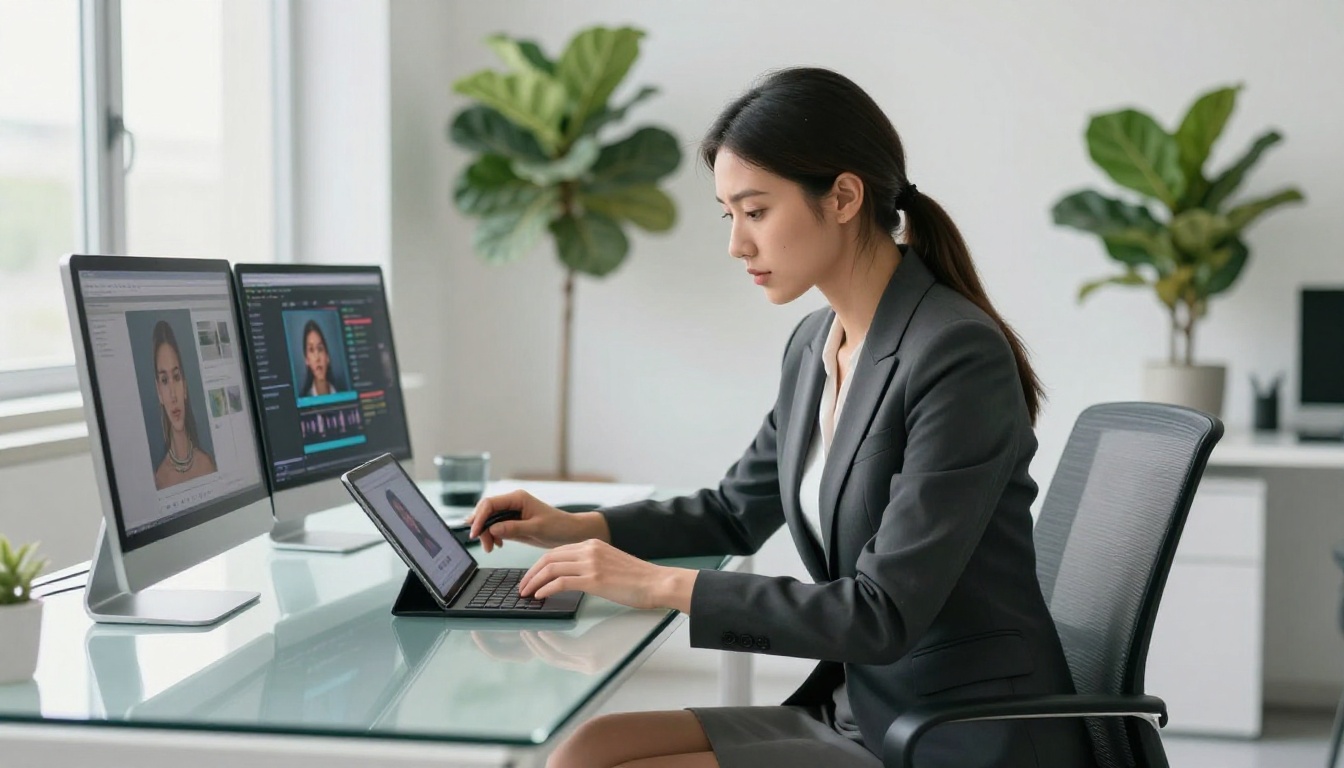 Professional woman examining two AI content outputs on side-by-side tablets