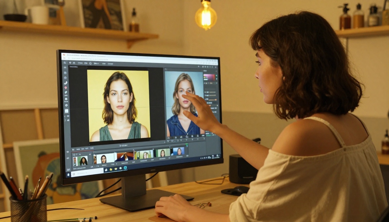 Creative professional gesturing at split before-after AI image editing interface on monitor