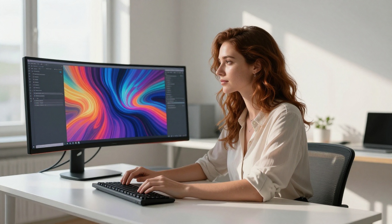 Creative professional woman at workspace with AI-generated artwork on monitor Creative professional woman at workspace with AI-generated artwork on monitor