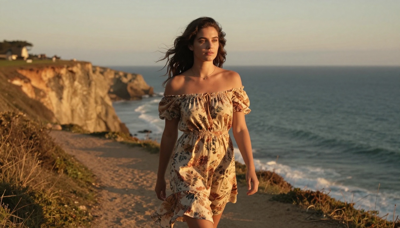 Confident woman walking coastal cliff path at golden hour Confident woman walking coastal cliff path at golden hour
