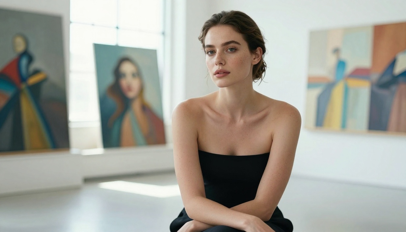 Glamorous woman in contemporary art studio with canvas prints behind her Glamorous woman in contemporary art studio with canvas prints behind her