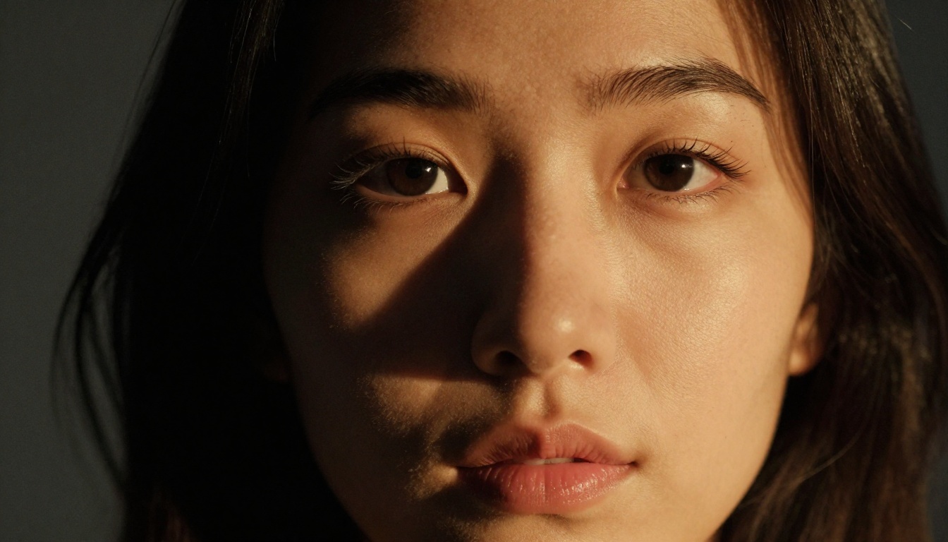 Close-up chiaroscuro portrait with amber lamplight and deep shadow Close-up chiaroscuro portrait with amber lamplight and deep shadow
