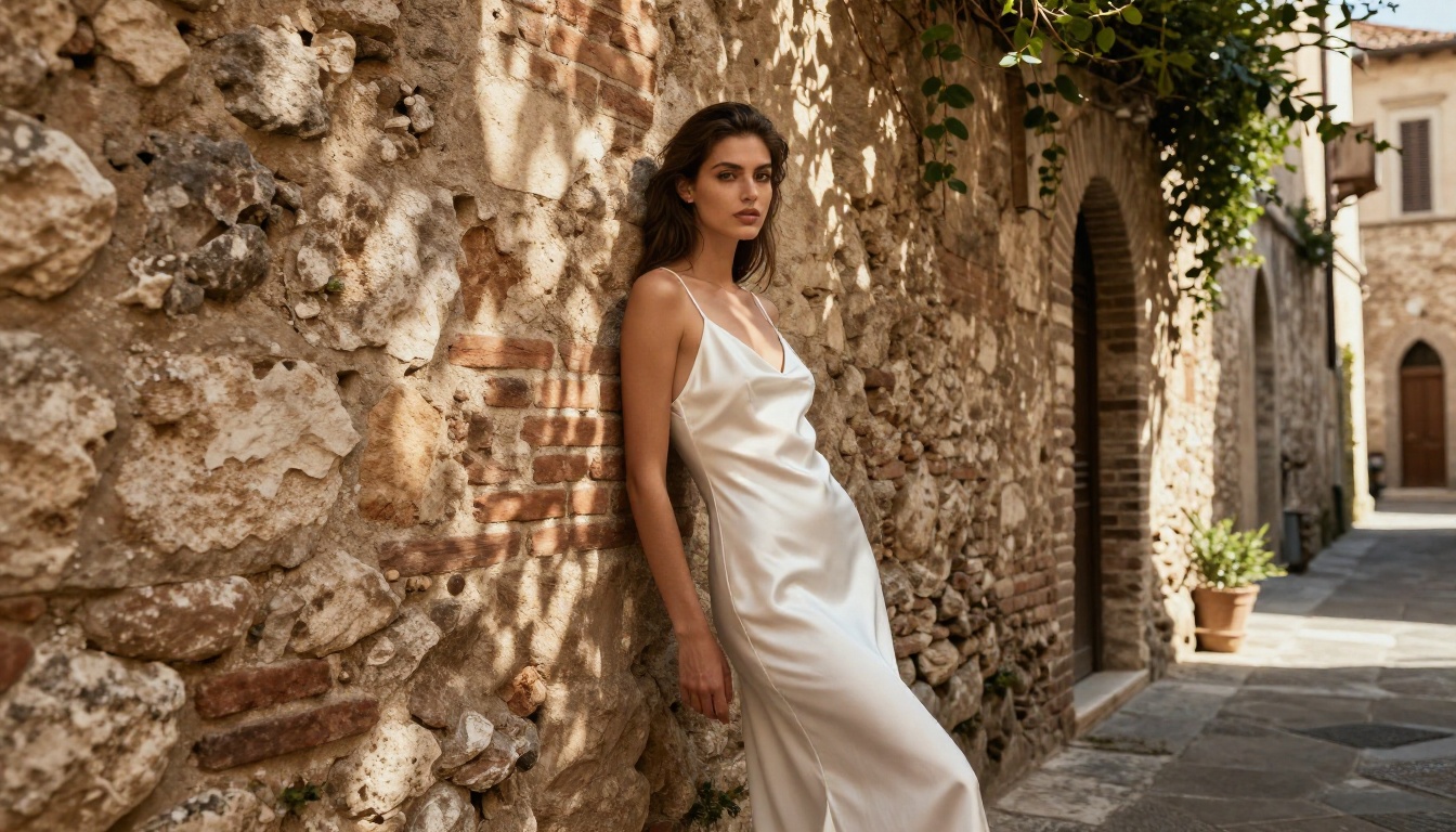 Fashion model in white silk slip dress against weathered stone wall in Italian alley Fashion model in white silk slip dress against weathered stone wall in Italian alley
