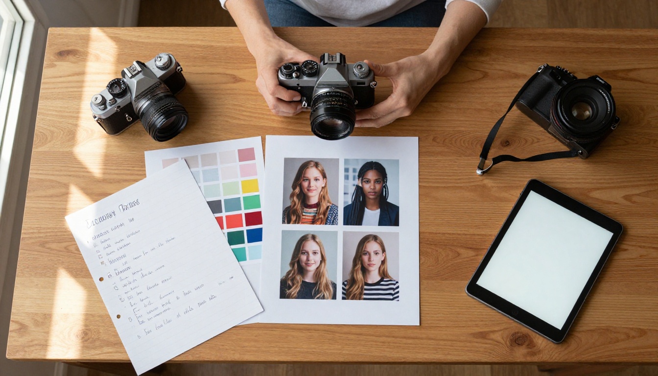 Overhead flat-lay of creative workspace with film camera, prints and prompt notes Overhead flat-lay of creative workspace with film camera, prints and prompt notes
