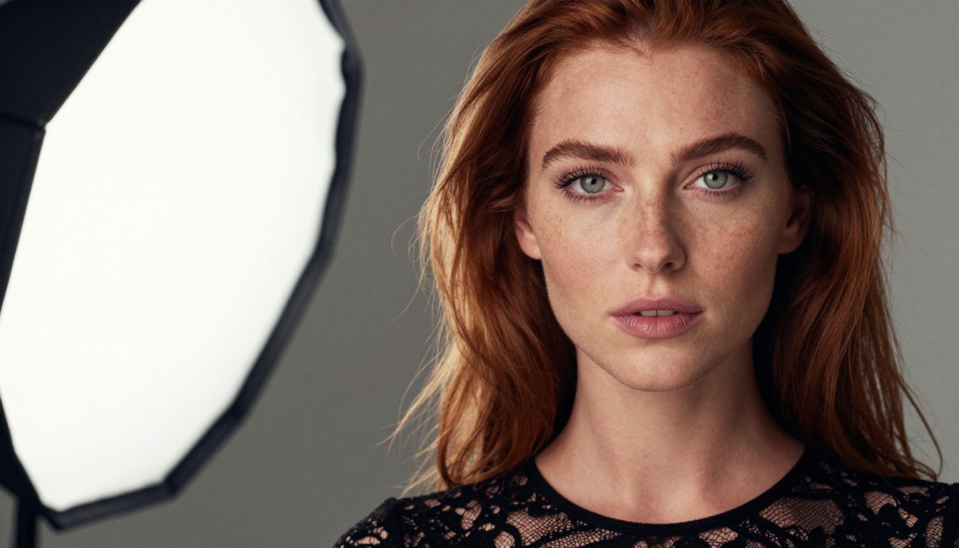 Close-up portrait of woman with sharp green eyes and auburn hair wearing fitted black lace top, studio lighting Close-up portrait of woman with sharp green eyes and auburn hair wearing fitted black lace top, studio lighting
