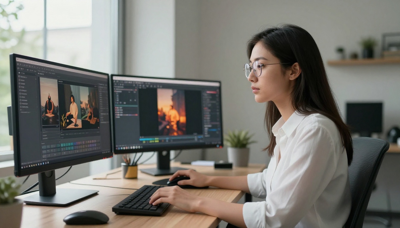Tech researcher analyzing AI image generation results across multiple monitors in modern home office Tech researcher analyzing AI image generation results across multiple monitors in modern home office