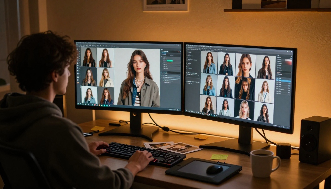 AI creative workspace with dual monitors showing generated images