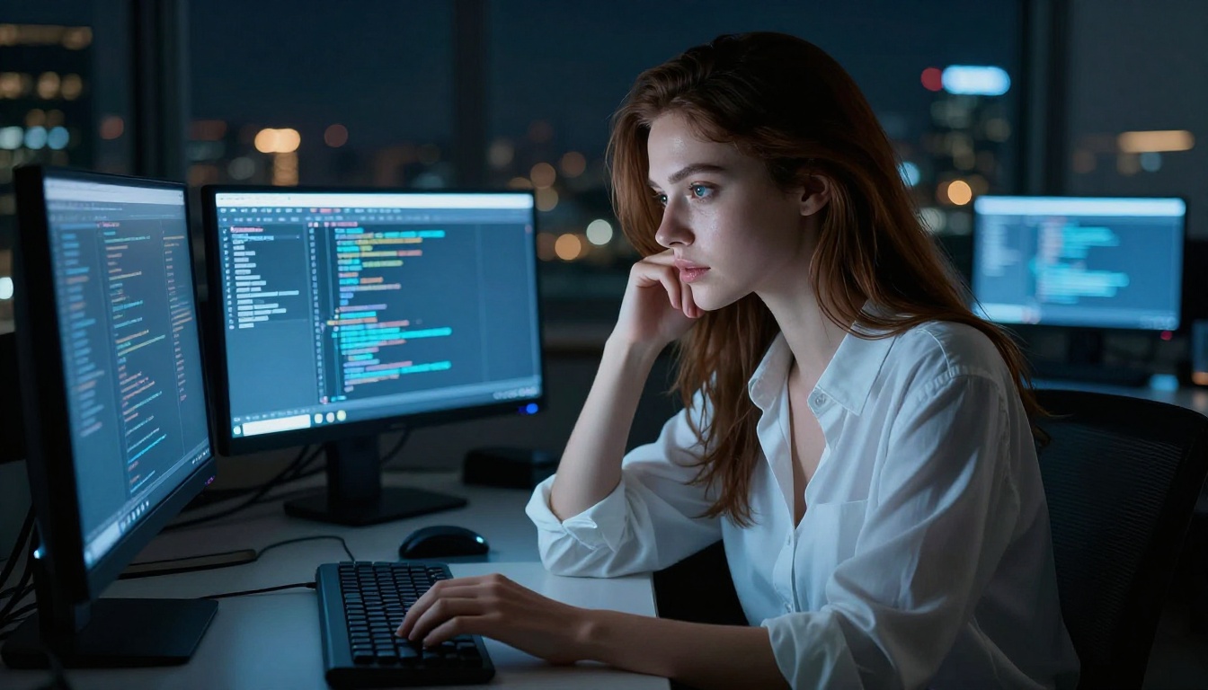A woman bathed in blue monitor glow, focused and contemplative at a late-night tech workstation