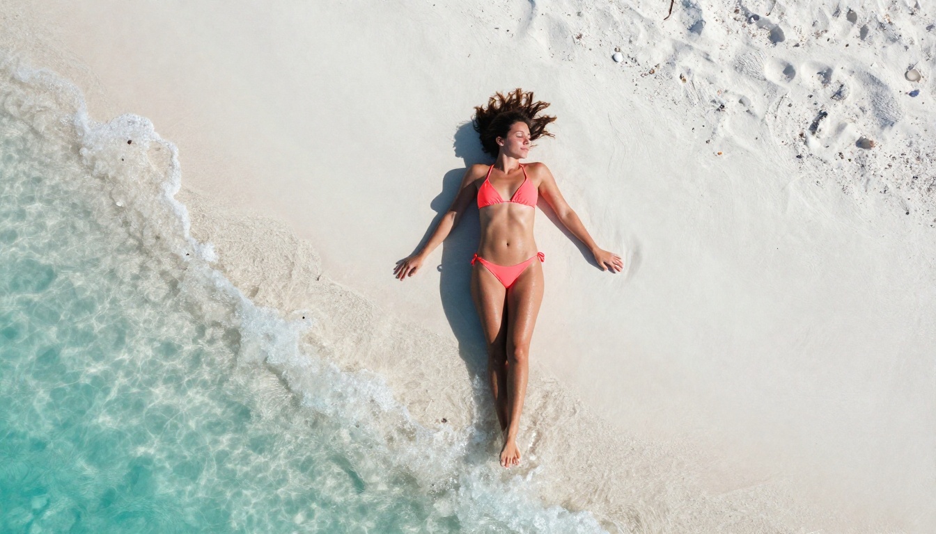 Aerial beach photography showing woman in coral bikini on white sand