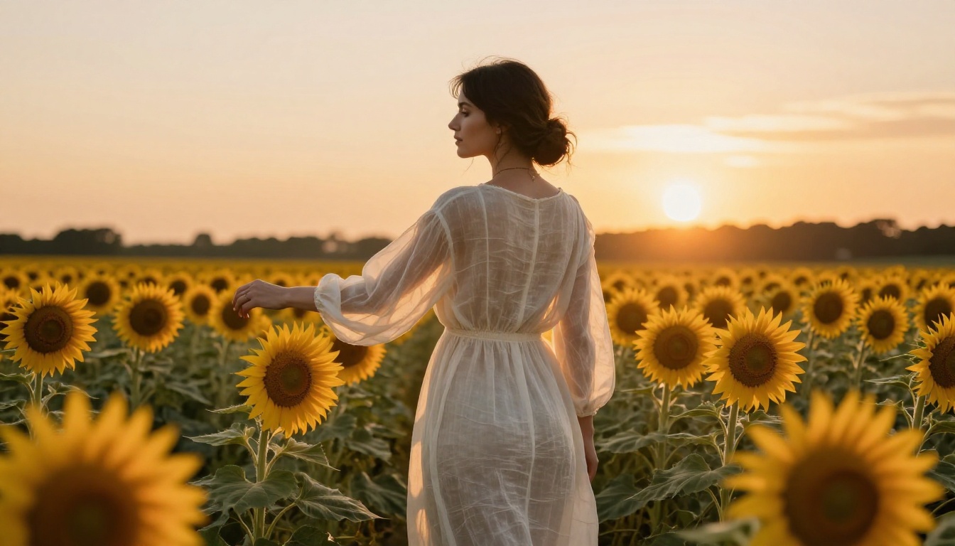 Woman in sheer ivory dress at golden hour in sunflower field