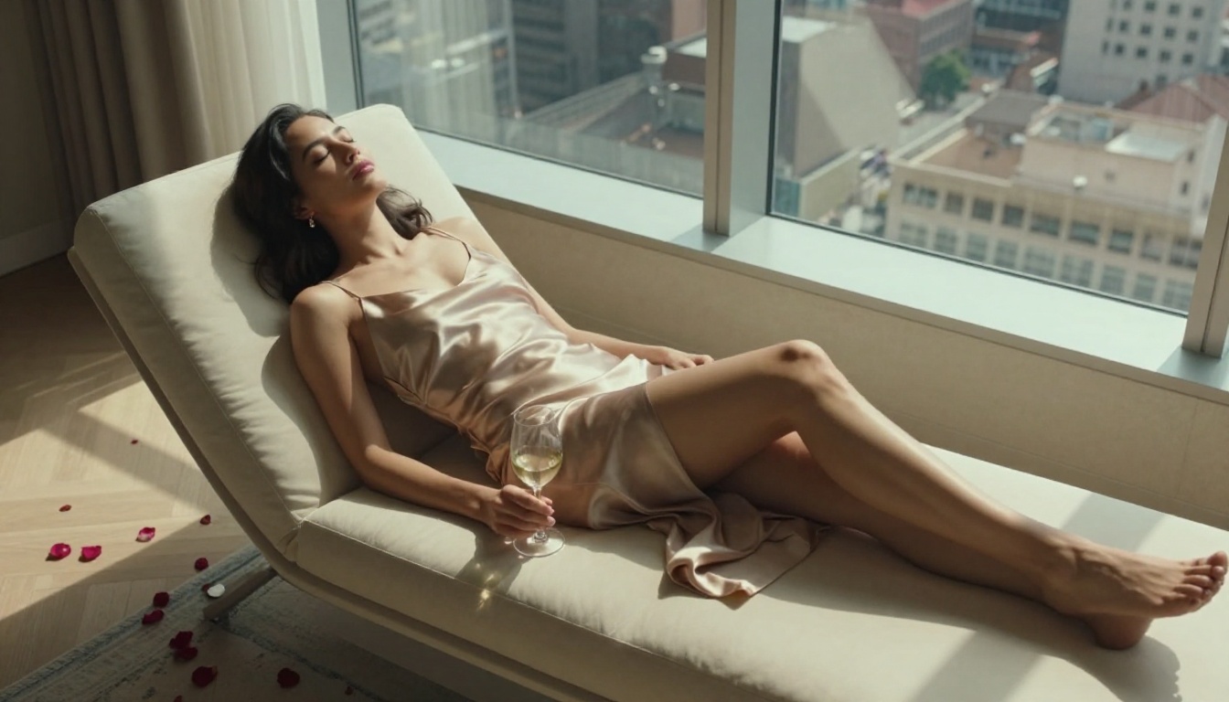 A woman in a champagne silk slip dress lounging on a cream chaise in a sunlit penthouse, the cityscape visible through tall windows