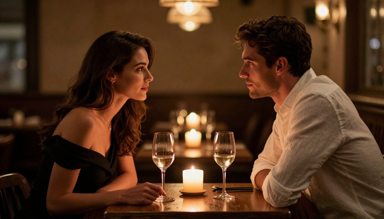 Two adults leaning toward each other across a candlelit restaurant table, the atmosphere charged with romantic tension
