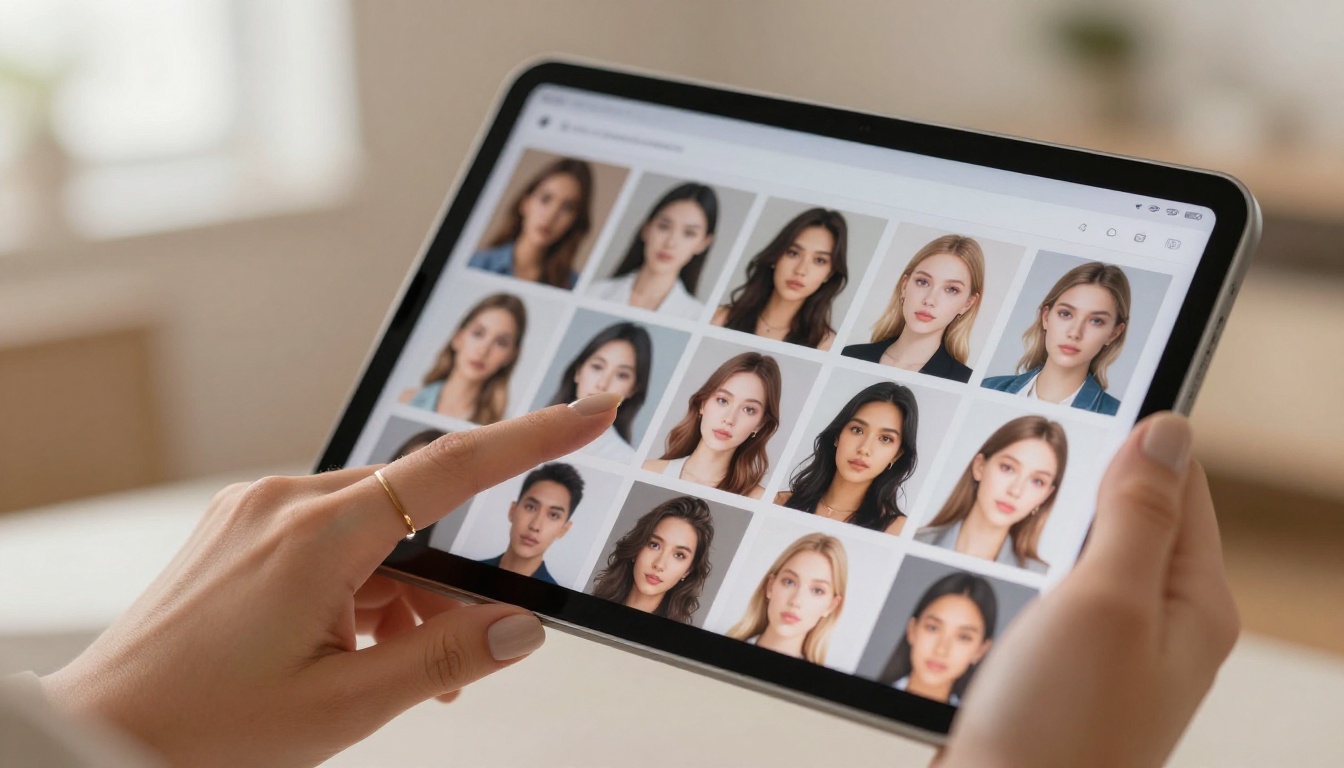 Close-up of hands browsing AI-generated portrait images on modern tablet