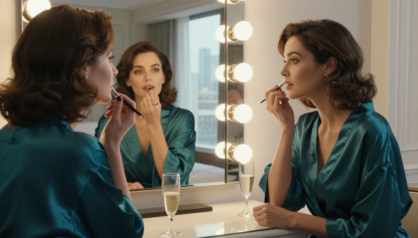 A sophisticated woman in a silk robe at a Hollywood-lit vanity mirror in a luxury hotel suite, champagne flute nearby