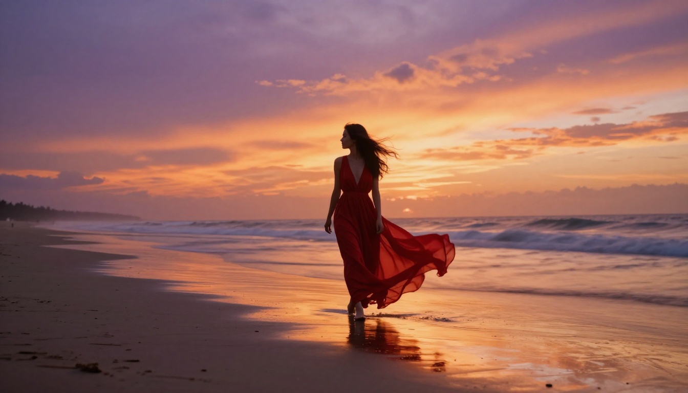 A woman in a flowing red dress walking along a sunset beach, the wet sand reflecting the dramatic orange sky