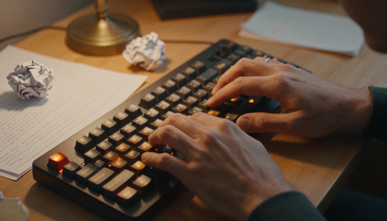 Writer's hands typing on a keyboard in warm lamplight Writer's hands typing on a keyboard in warm lamplight
