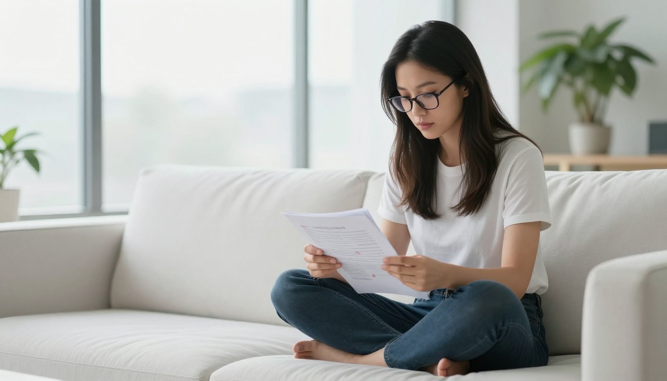 Female journalist reviewing annotated documents on a sofa Female journalist reviewing annotated documents on a sofa