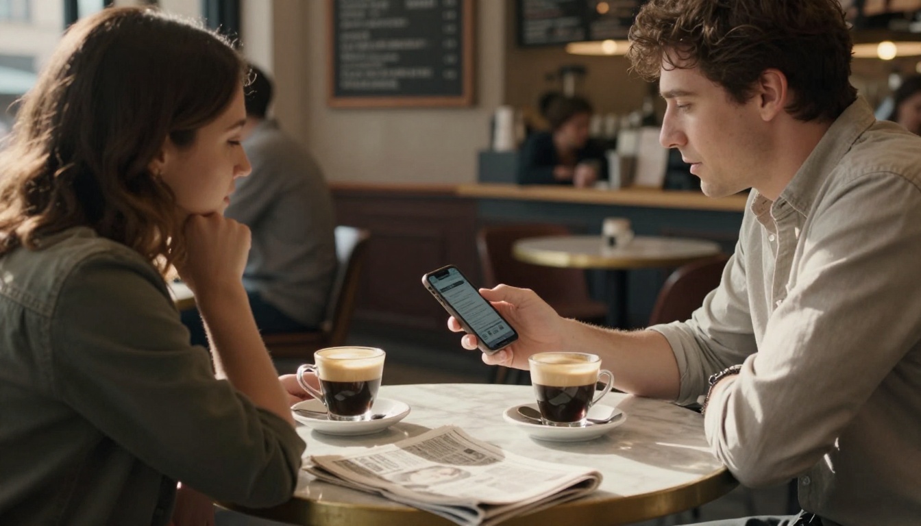 Two people in a coffee shop discussing content on a phone Two people in a coffee shop discussing content on a phone