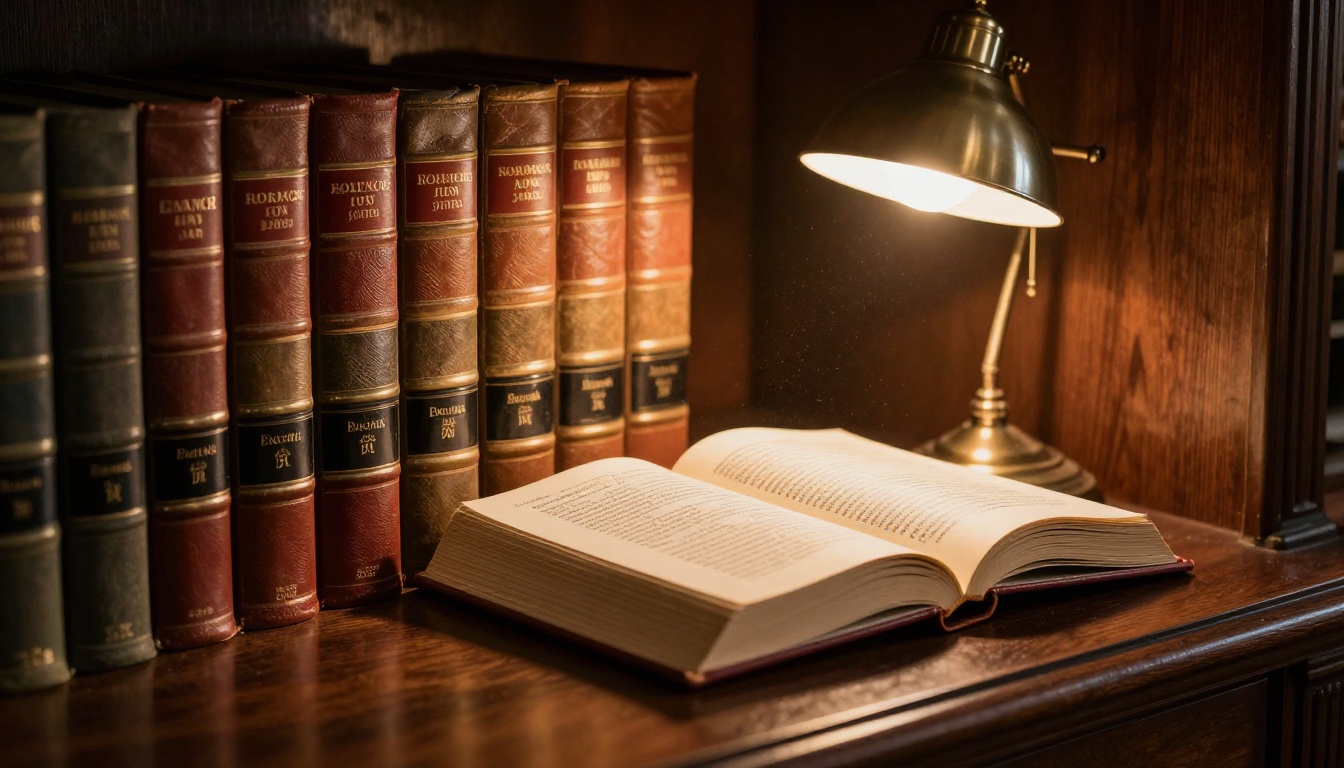 Stack of law books open on a mahogany shelf under lamplight Stack of law books open on a mahogany shelf under lamplight