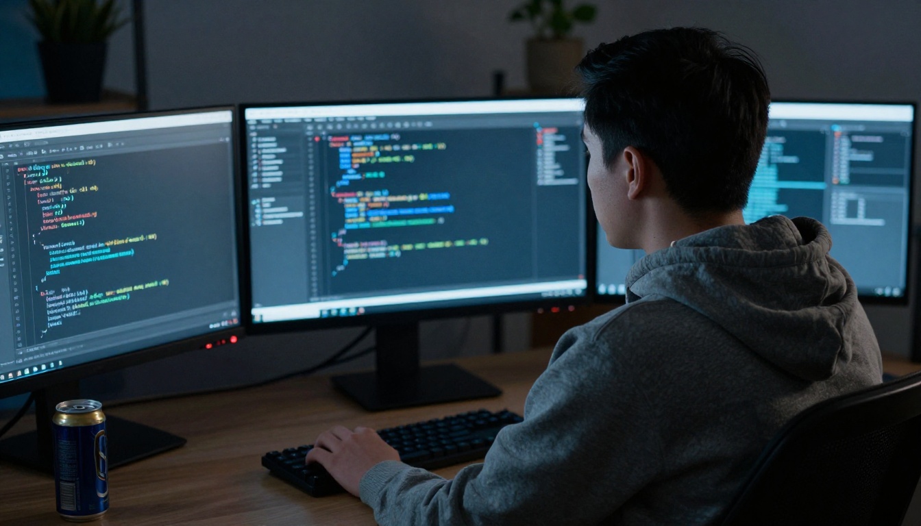 Software developer at multiple monitors in a dark home office Software developer at multiple monitors in a dark home office
