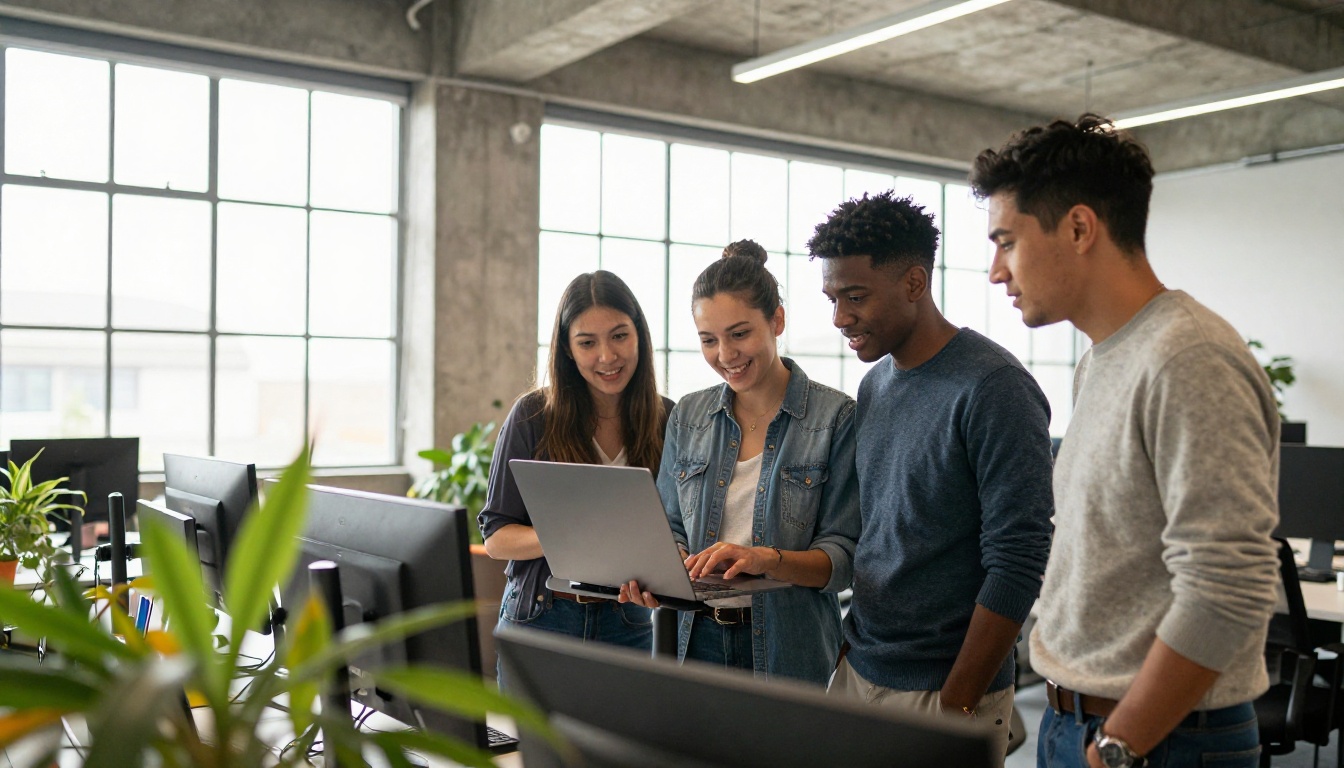 Diverse tech team gathered around a standing desk with a laptop Diverse tech team gathered around a standing desk with a laptop