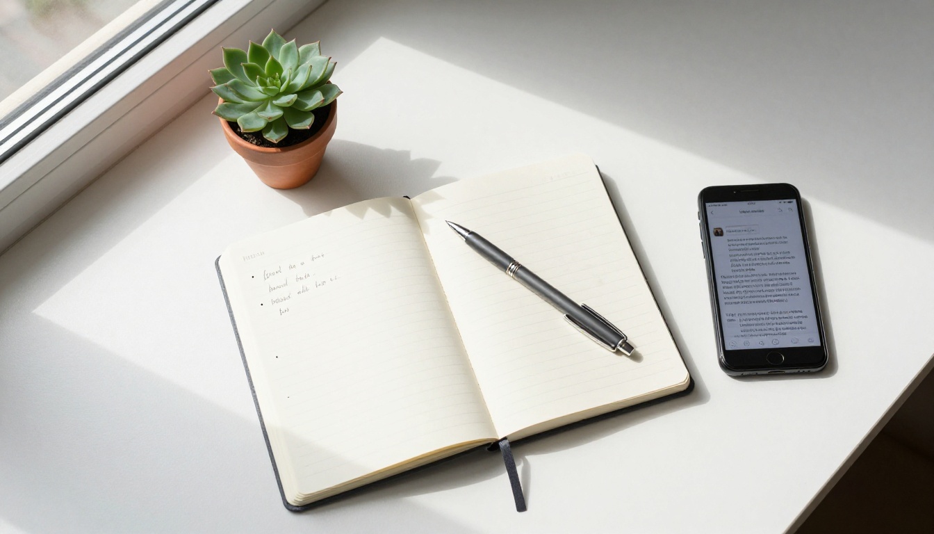 Minimalist flat-lay of a notebook with handwritten bullet points and a succulent Minimalist flat-lay of a notebook with handwritten bullet points and a succulent