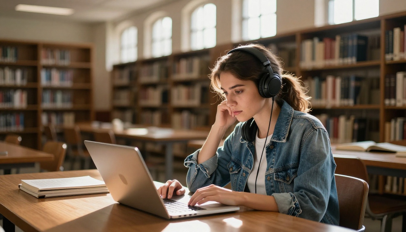 Young woman reading on a laptop in a sunlit university library Young woman reading on a laptop in a sunlit university library