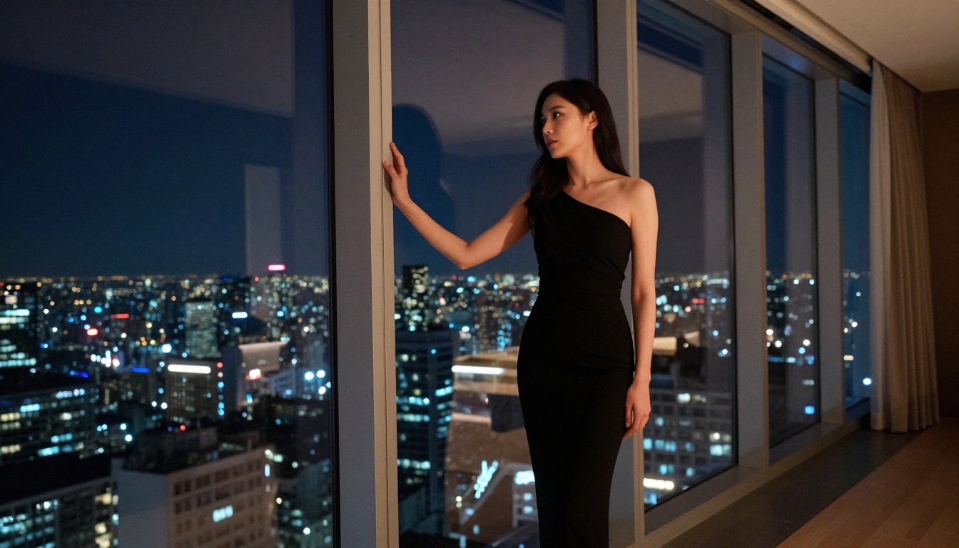 Woman in black cocktail dress at penthouse window, city lights below, cinematic night shot