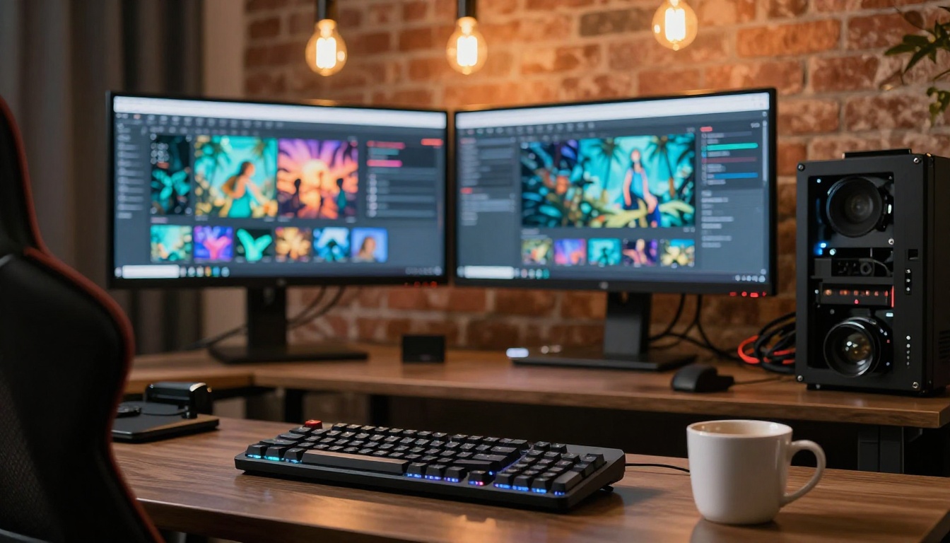 Content creator dual monitor studio workspace