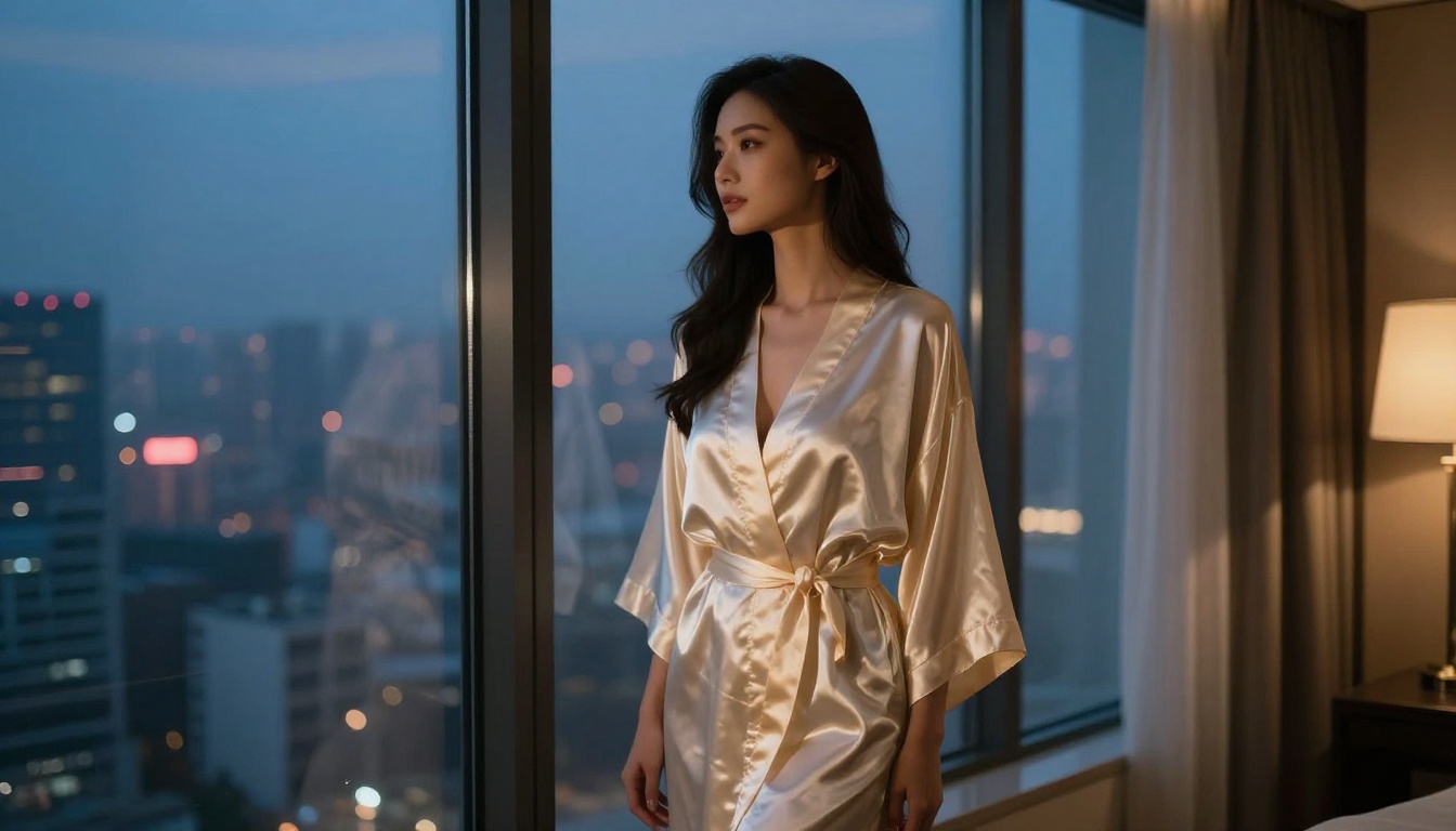 Elegant woman in silk robe hotel suite dusk