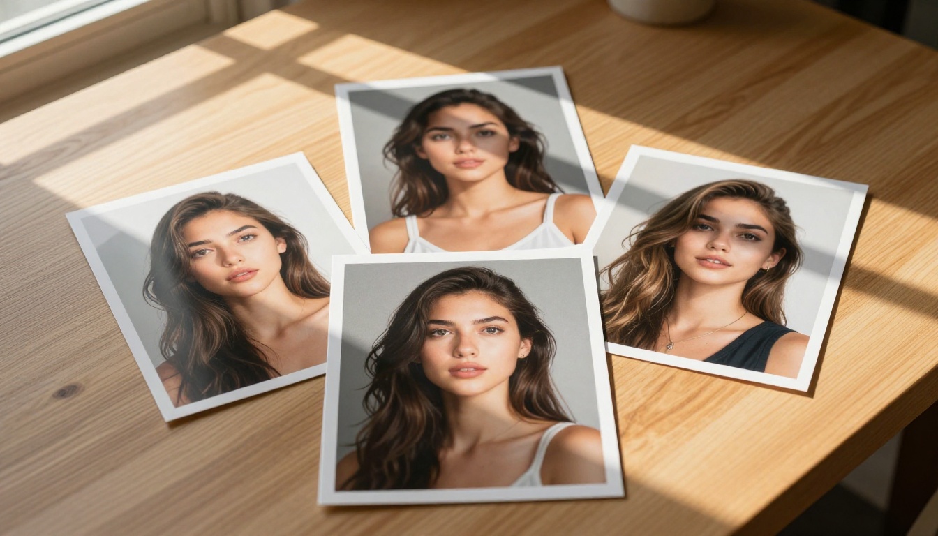 Three AI-generated portrait prints arranged on wood table