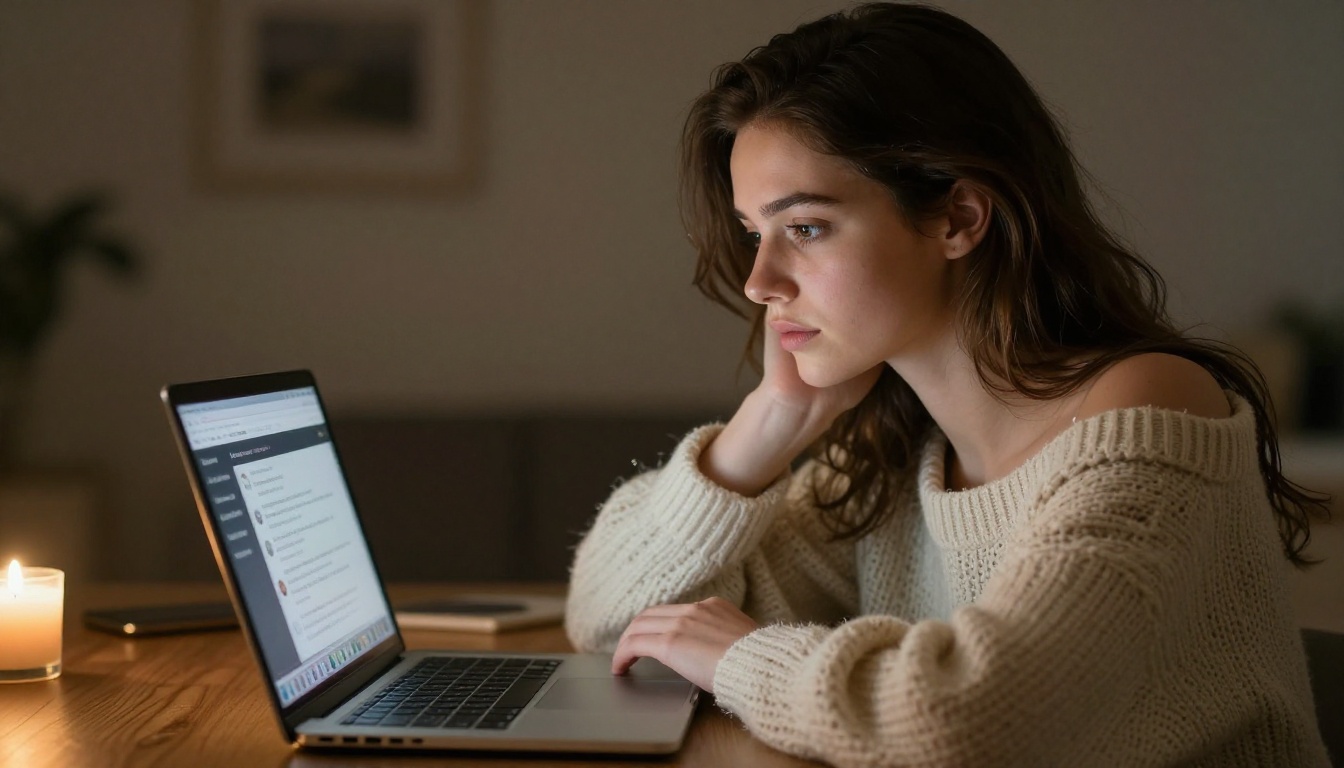 Woman browsing AI models on a laptop in a cozy apartment, warm candlelight and wooden surfaces