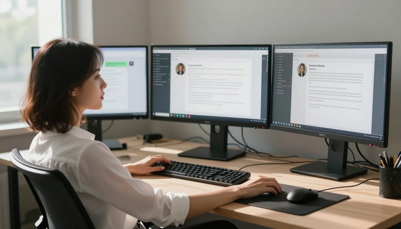 Woman reviewing AI outputs at a modern workstation with three monitors in natural morning light