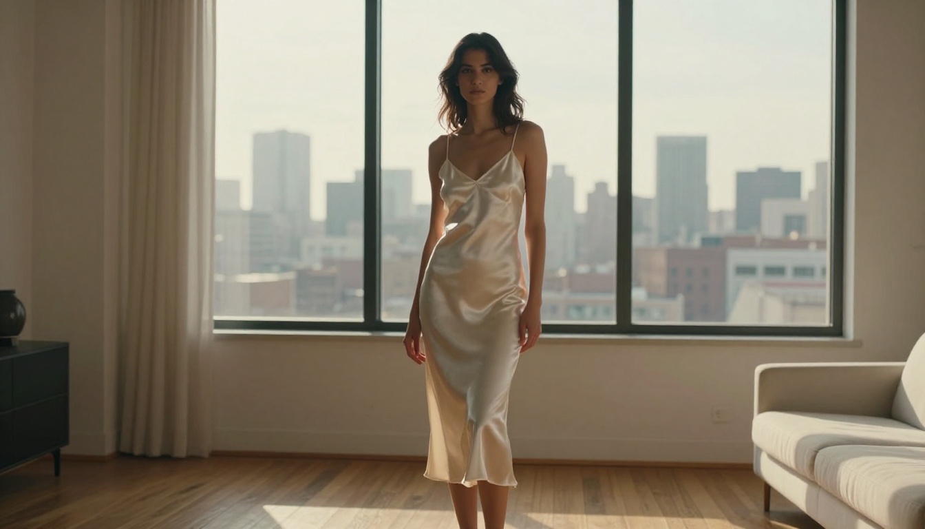 Stylish young woman in a silk slip dress standing at a floor-to-ceiling window, city skyline in soft bokeh behind her