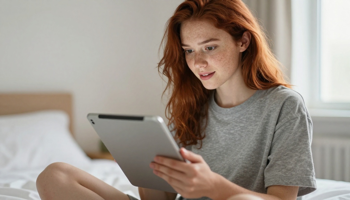 Woman with auburn hair on a white bed, smiling at her tablet with a look of pleasant surprise