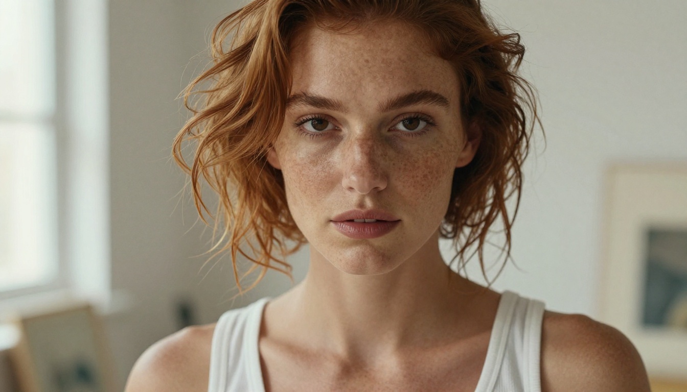 Close-up photorealistic portrait with auburn hair and natural studio lighting Close-up photorealistic portrait with auburn hair and natural studio lighting