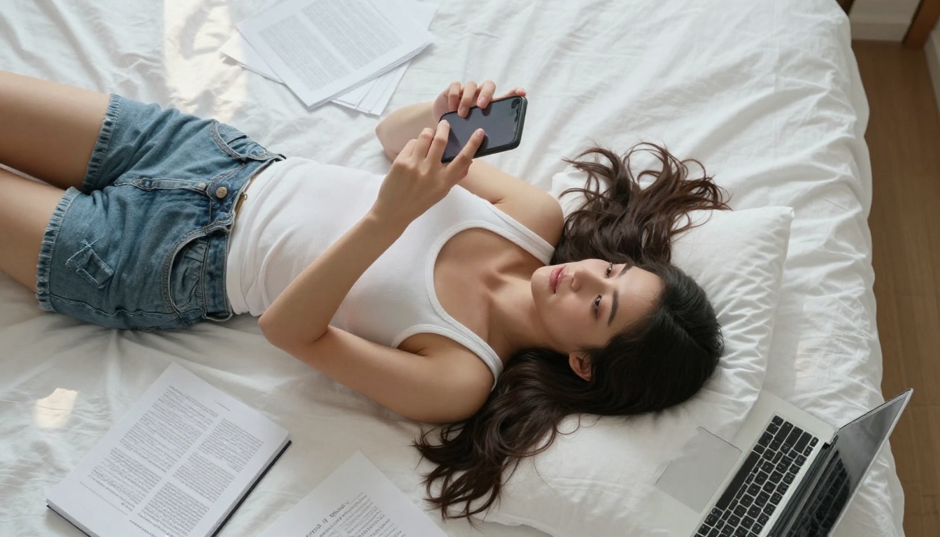 Aerial view of a young woman lying on a white bed with papers and a laptop scattered around her, reading her phone in bright natural daylight