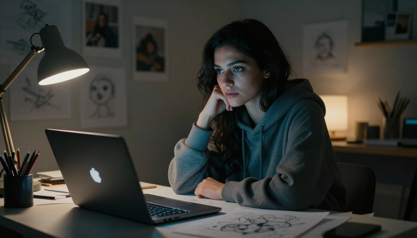 Creative workspace at night with warm and cool split lighting Creative workspace at night with warm and cool split lighting