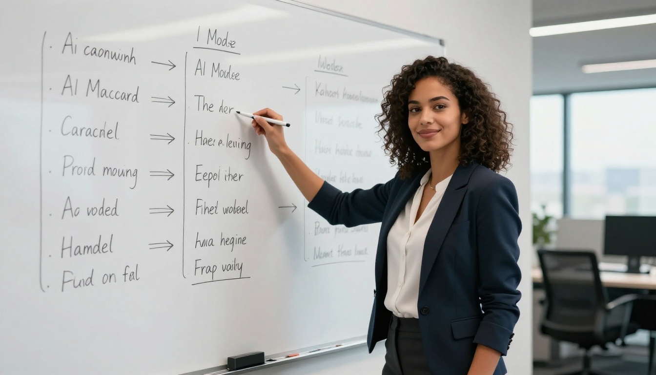 Young woman with dark curly hair comparing AI model options at a whiteboard in a bright modern office, confident and professional
