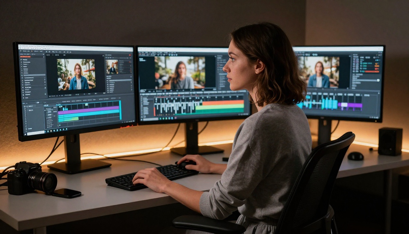 Female content creator at video editing workstation with dual monitors Female content creator at video editing workstation with dual monitors