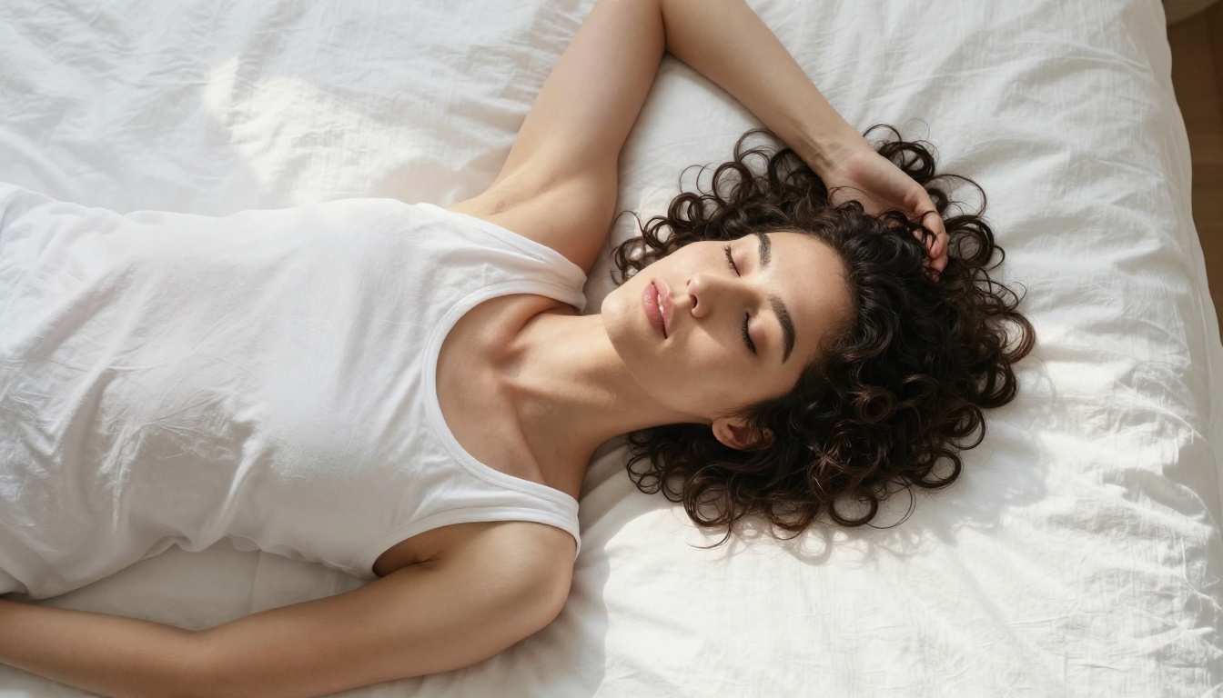 Aerial overhead editorial of woman on white linen, soft morning light Aerial overhead editorial of woman on white linen, soft morning light