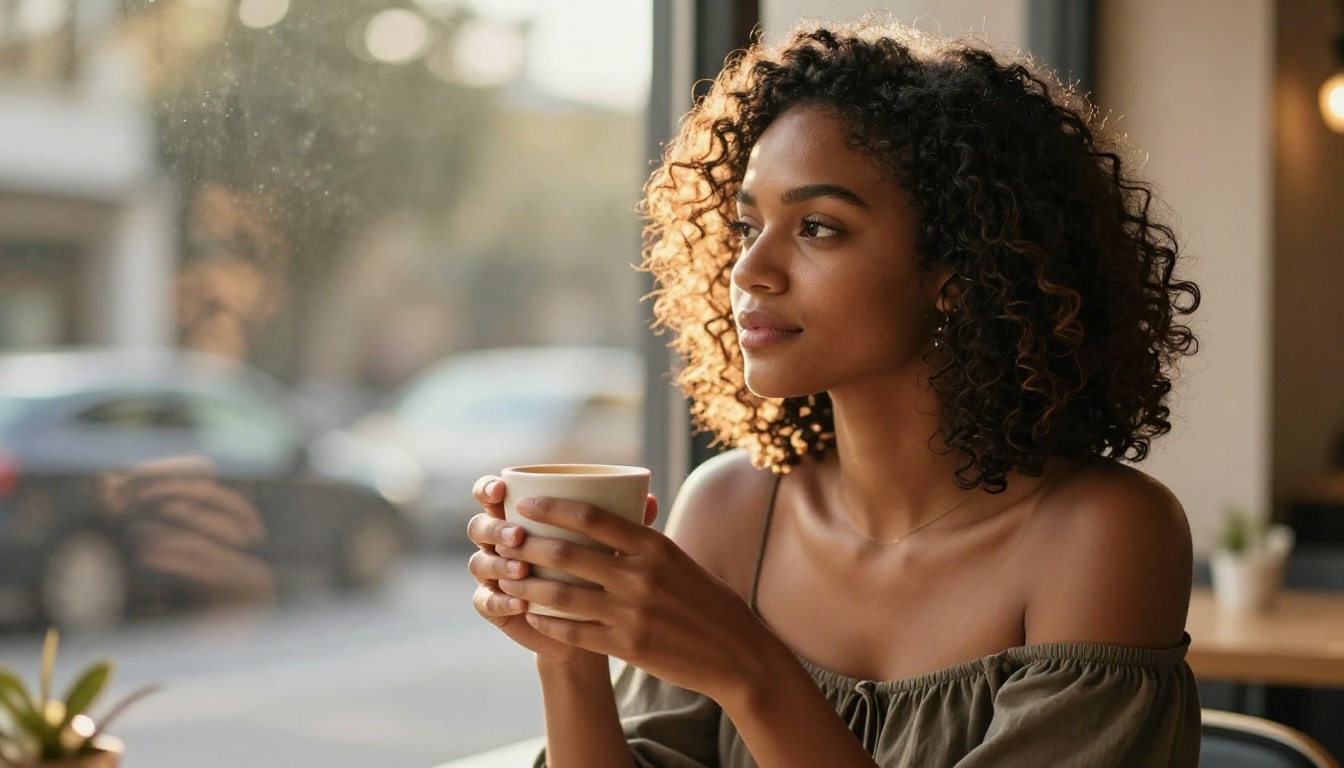 Portrait of woman with dark skin at cafe window with warm morning light Portrait of woman with dark skin at cafe window with warm morning light