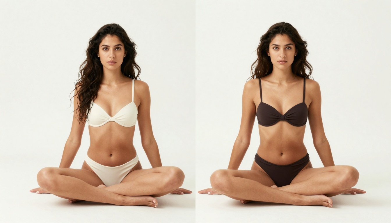 Two women in elegant swimwear, symmetric studio comparison shot Two women in elegant swimwear, symmetric studio comparison shot